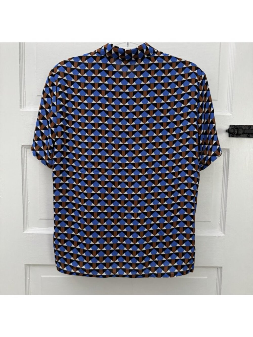 Carolina Belle Montreal XS Blue Brown Geometric Short Sleeve Button Up Blouse - Picture 3 of 8